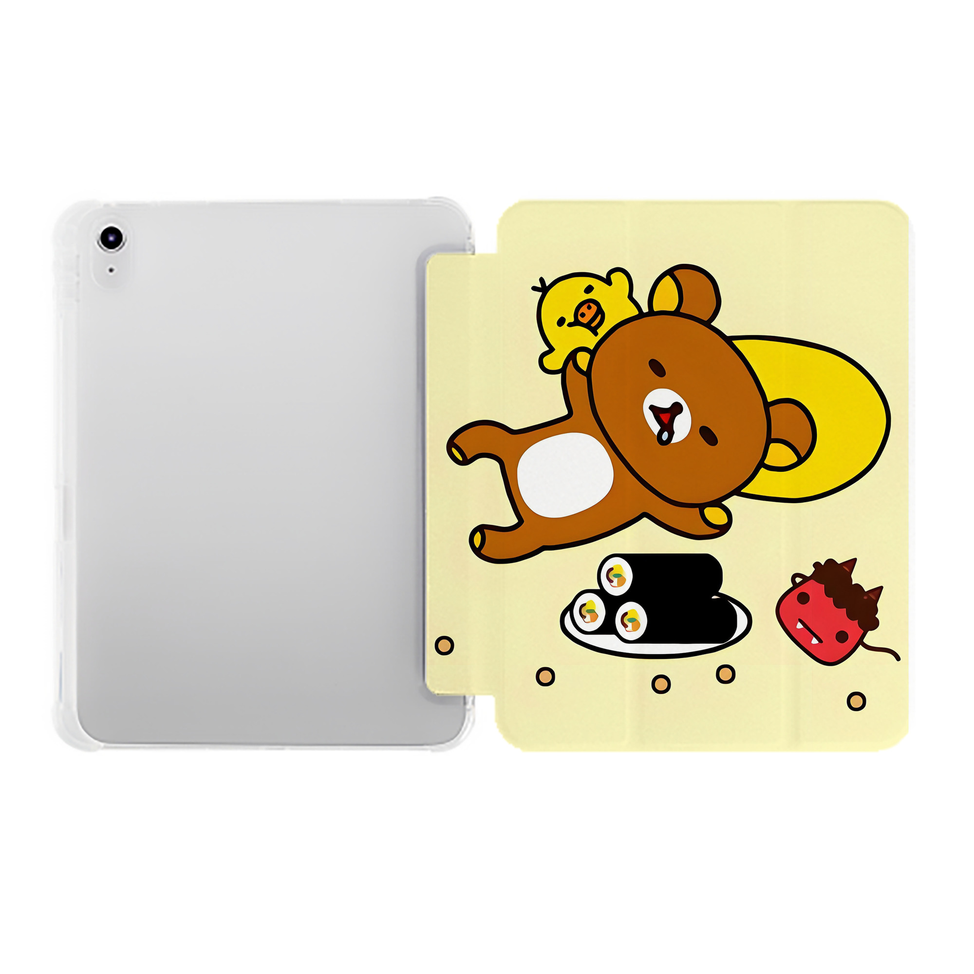 （画像用） リラックマ リラックマ キイロイトリ Rilakkuma Korilakkuma Kiiroitori IPad ケース ペン収納付き 三つ折りスタンド PUレザー×シリコン 対応機種9.5/10.5/10.9インチ